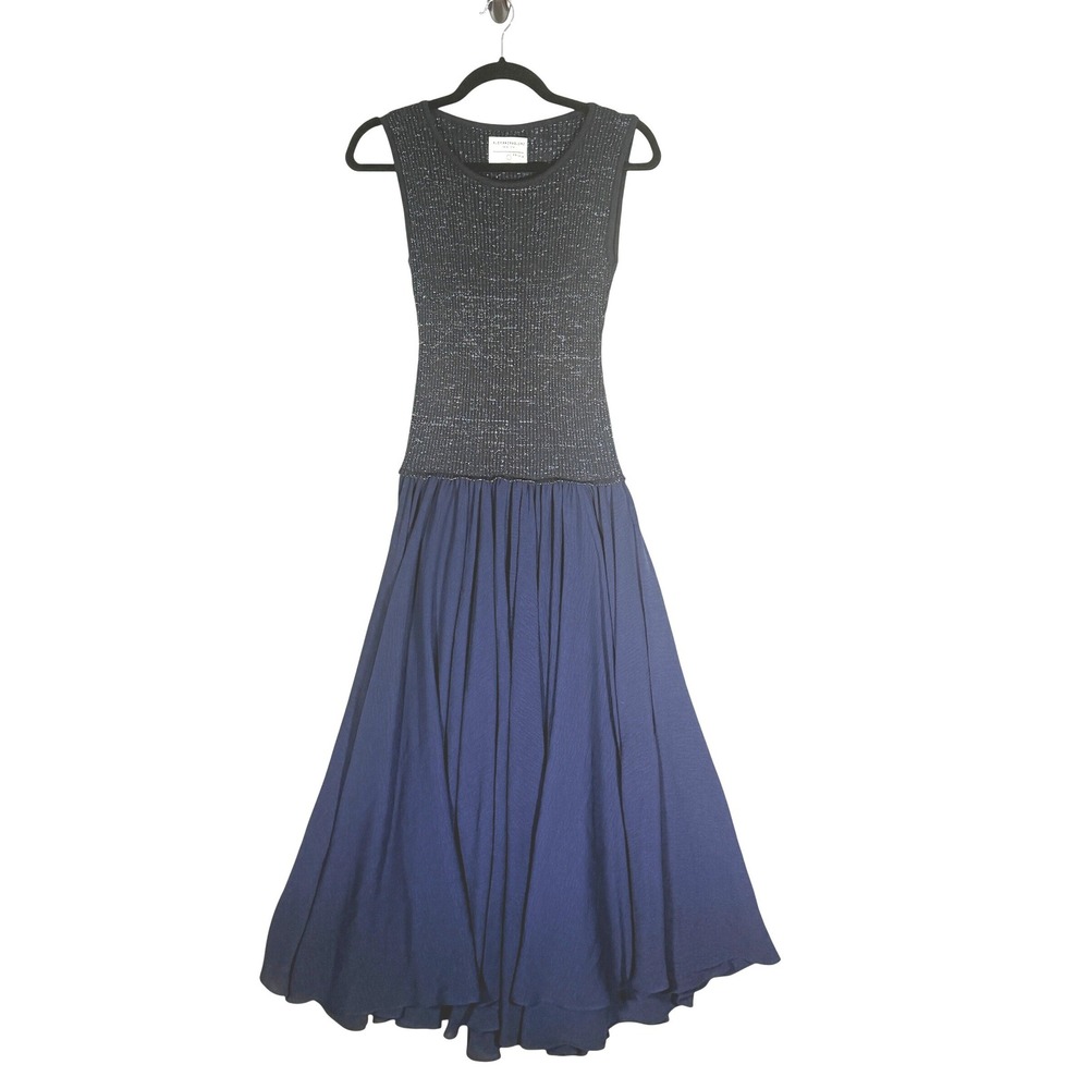 Anthropologie Navy Blue Metallic Ribbed Knit Maxi Dress XS layered wedding shine